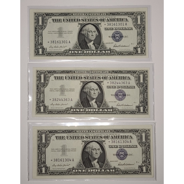 (3) United States Series 1957 $1 Silver Certificate STAR Notes - Uncirculated Crisp - Face Value: $1