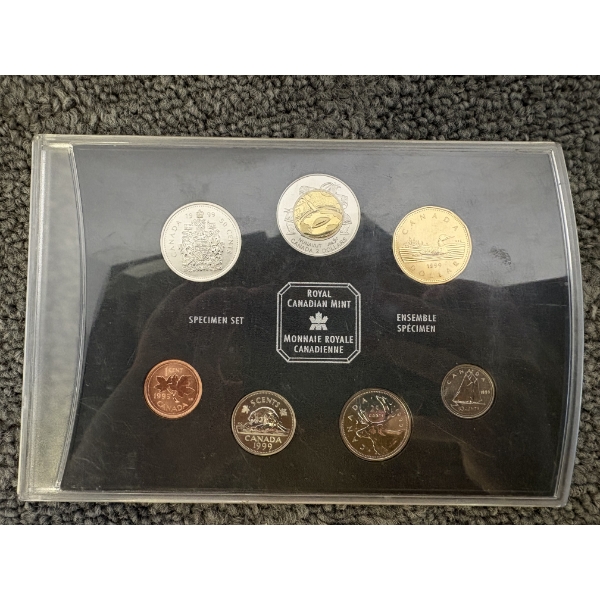 1999 Royal Canadian Mint Specimen Set containing Seven Coins sealed in a Transparent Plastic Folder
