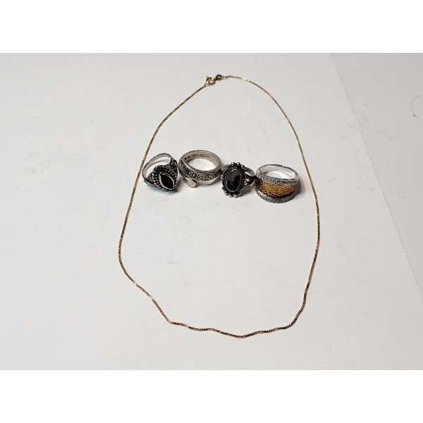 Sterling Silver Jewelry: 17in Necklace and Rings Sizes 6-9 Total Weight: 26.3g