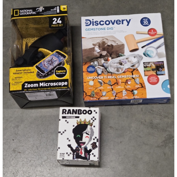 Brand New! 24 Piece Microscope Set, Discovery Dig, & Ramboo Figure 