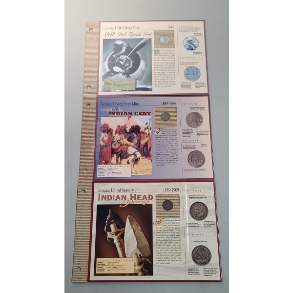 1896/1862 Indian Head Cents & 1943-S Lincoln Steel Cent On American Historic Society Display Card