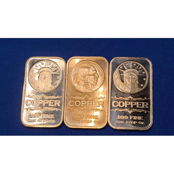 (3) 1 ADVP oz .999 Fine Copper Bars With Assorted Motifs