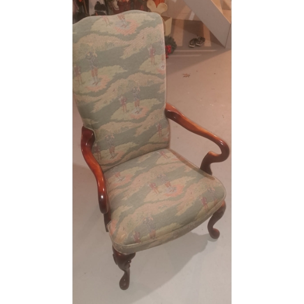 Unique Golfing Themed Upholstered & Wood Queen Anne Style, Den / Study Chair - See Pics  45" Tall