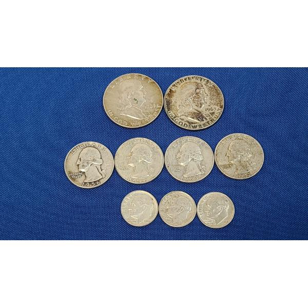 Silver Franklin Half Dollars, Washington Head Quarters, Roosevelt Dimes - Face Value: $2.30