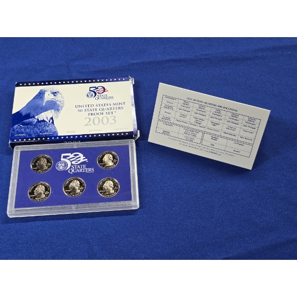 2003 Unites States Mint 50 State Quarters Proof Set: Illinois, Alabama, Maine, Missouri, Arkansas
