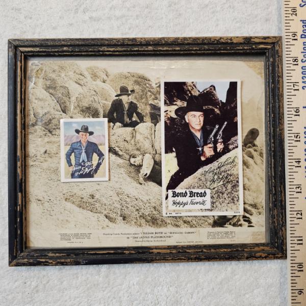 Vintage Hopalong Cassidy Memorabilia ft. Picture with Antique Frame, Postcard, and Stamp