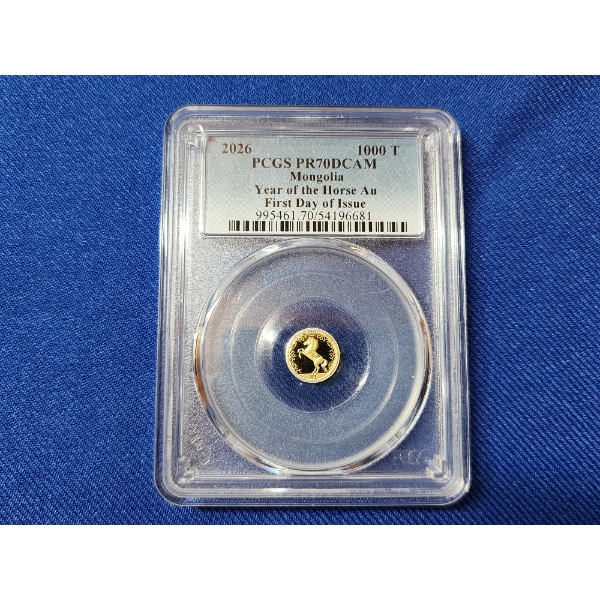 PCGS PR 70 DCAM 2026 Mongolia Year of the Horse 0.5g .9999 Gold Coin FDOI