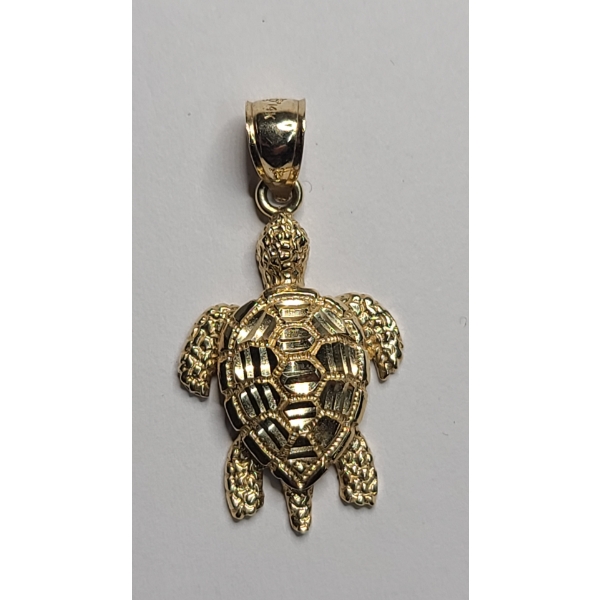 14K Yellow Gold Sea Turtle (Honu) Diamond-cut Textured Pendant - Weight: 2.5g