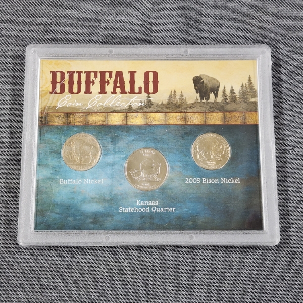 United States Buffalo Coin Collection Display Ft. Three Coins ~ OG Buffalo Nickel, 2005 Bison +