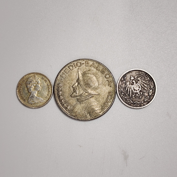 Three Foreign Silver Coins: Canada 10-Cent, Panama 1/2 Balboa, & German 1/2 Mark - See Description