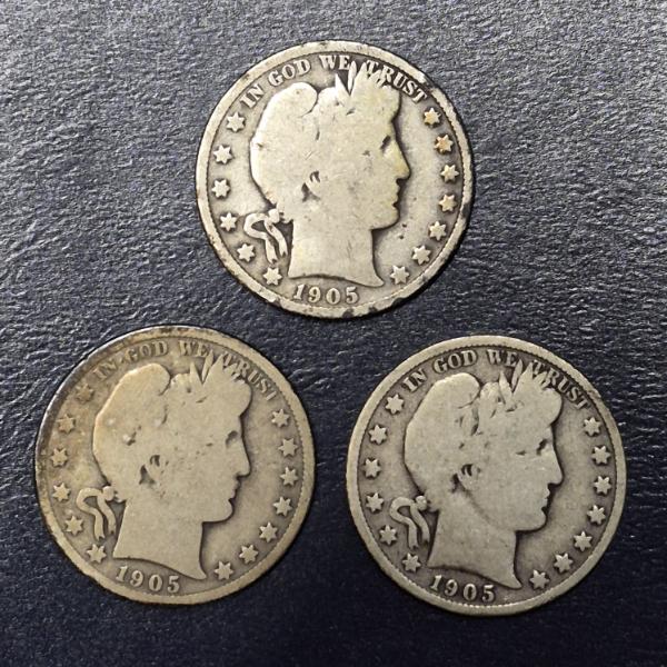 3 Pcs - 1902 Barber (Liberty Head ) 90 % Silver Half Dollars P / O / S  See Pics