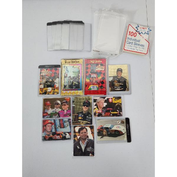 Lot of 10 1994 Assorted Racing Cards and Assortment of Card Holders, Displays, Protectors