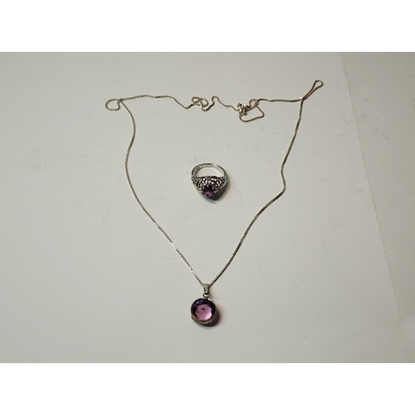 Beautiful Sterling Silver Necklace and Ring with Purple Stones: Total Weight 9.9g