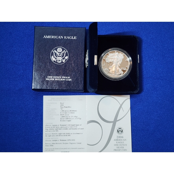 2004-W Silver American Eagle Proof $1 - 1 Troy oz .999 Fine Silver w/ Box & CoA