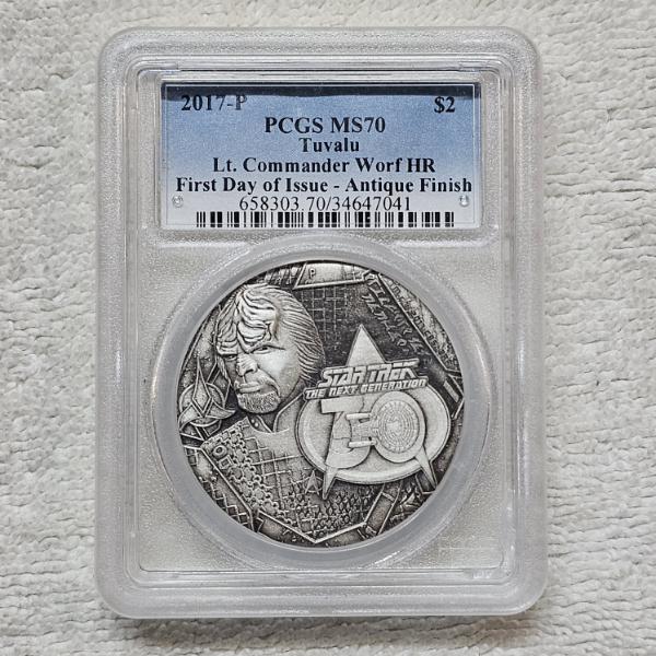 PCGS MS70 2017 P Tuvalu 2 Dollars Lt. Commander Worf Antique Finish 2 Ounce 9999 Fine Silver Coin