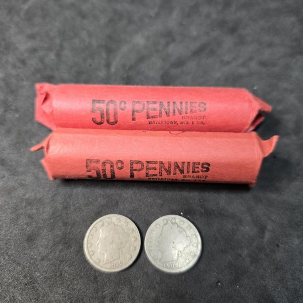 (2) Rolls of Wheat Pennies and (2) V Nickels 1912, 1907