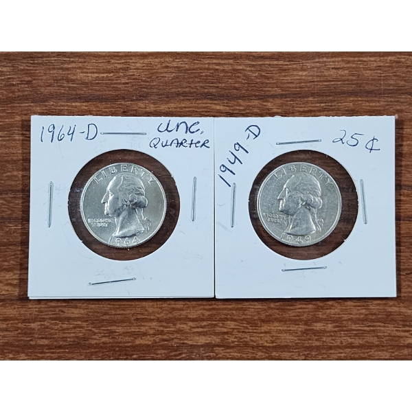 $0.50 Face Value in VERY NICE Uncirculated 90% Silver United States Washington Quarters ~ 2 Coins!
