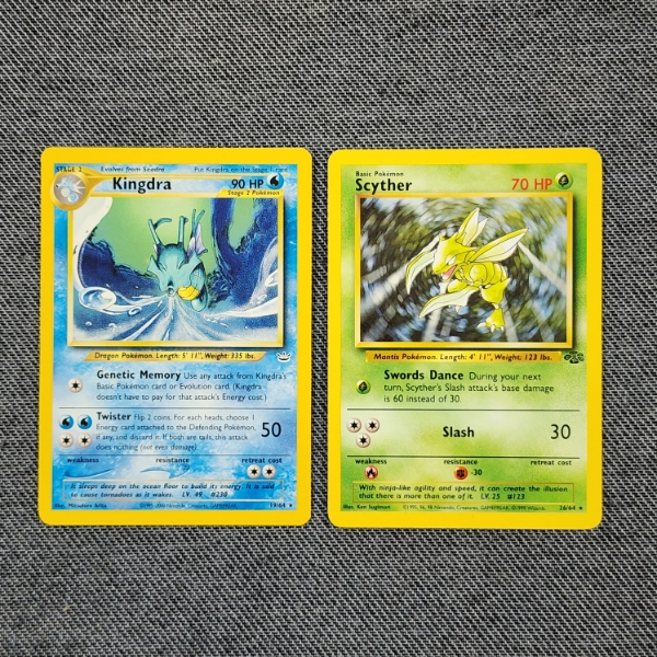 Two Non Holo Rare Vintage Pokemon Trading Card ~ Jungle Set Scyther & Neo Genesis Set Kingdra