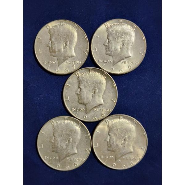 Five Assorted 40% Silver U.S. Kennedy Half Dollars ~ Face Value: $2.50