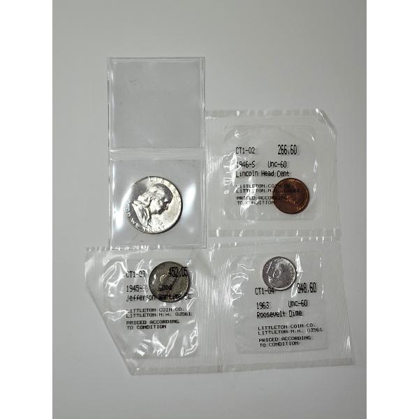 x4 U.S. Coins: 1963 Silver Half Dollar, 1946-S Lincoln Cent, 1945-S Wartime Nickel, 1963 Silver Dime