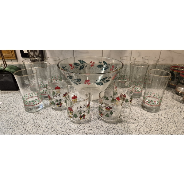 Large Holiday Christmas Set With Punch Bowl & Many Glasses All Holiday Themed