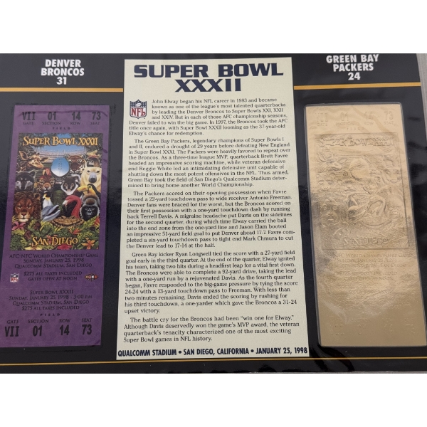 Authentic 1998 Super Bowl XXXII NFL Football Ticket & 24K Gold Plated Ticket - Mint Condition