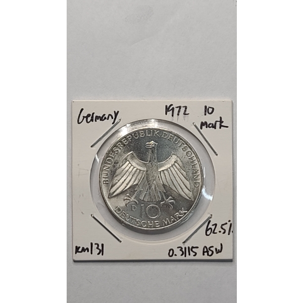 1972-D West German 10 Deutsche Mark 62.5% Silver Munich Summer Olympic Games Commemorative Coin
