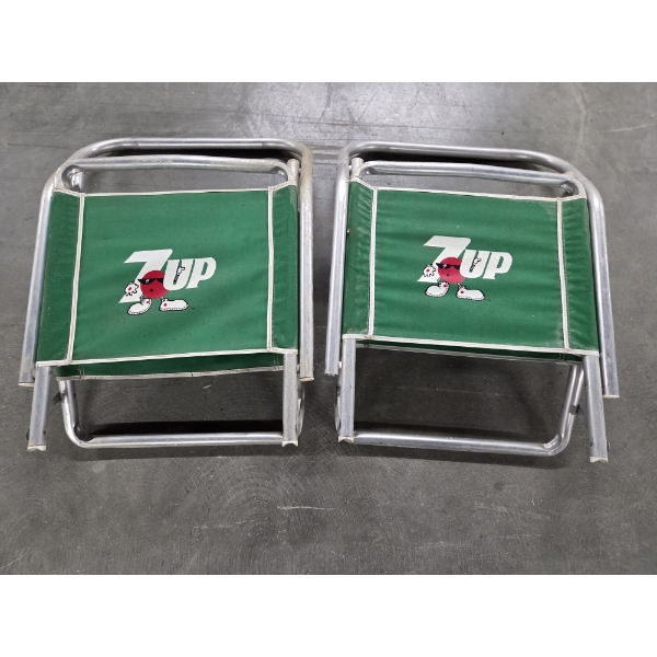 Vintage Matching Pair Of Low Profile 24''x20''x26'' 7-Up Aluminum Beach Chairs