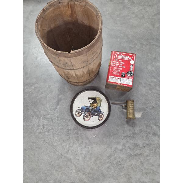 Antique Small Wood Barrel, Tin Tray, Oil Can & Coleman Can
