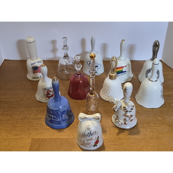 Collectible Porcelain & Glass 13 Pc Bell Collection - All In Perfect Condition - See Pics