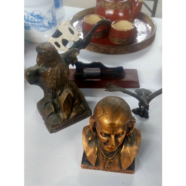 4 Pcs Various Metal Figures Including Heavy Signed Brass Ben Franklin Bust - See Pics