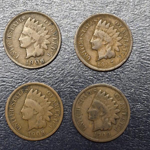 4 Pcs - Indian Head Cents -  1906 Thru 1909 P - See Pictures