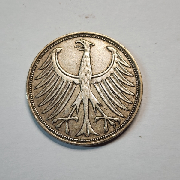 1958-D West German 5 Deutsche Mark Silver Coin - 62.5% Silver ASW: 0.225oz