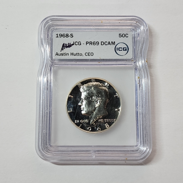 ICG Graded PR69 DCAM 40% Silver 1968-S Kennedy Half Dollar Signed by Austin Hutto