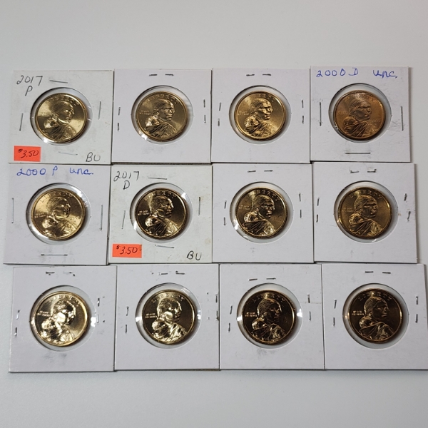 Lot of 12 Assorted United States Sacagawea Golden Dollars - Face Value: $12.00
