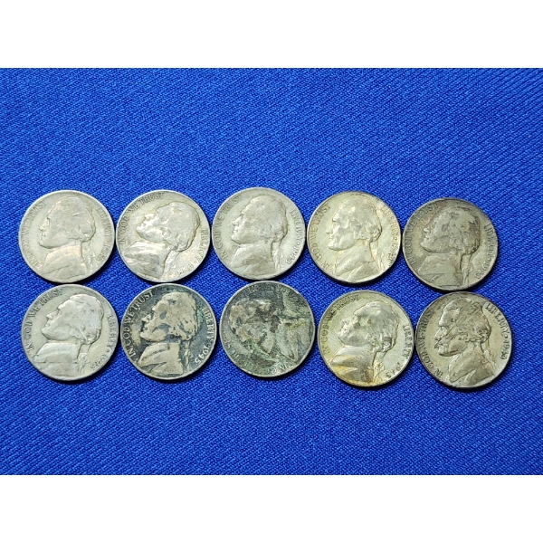 x10 Assorted Years Jefferson Wartime Nickels FV: $0.50
