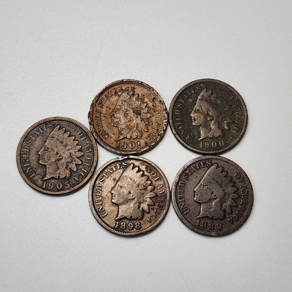 Five Assorted U.S. Indian Head Cents: 1888, 1898, 1900, 1901, 1905