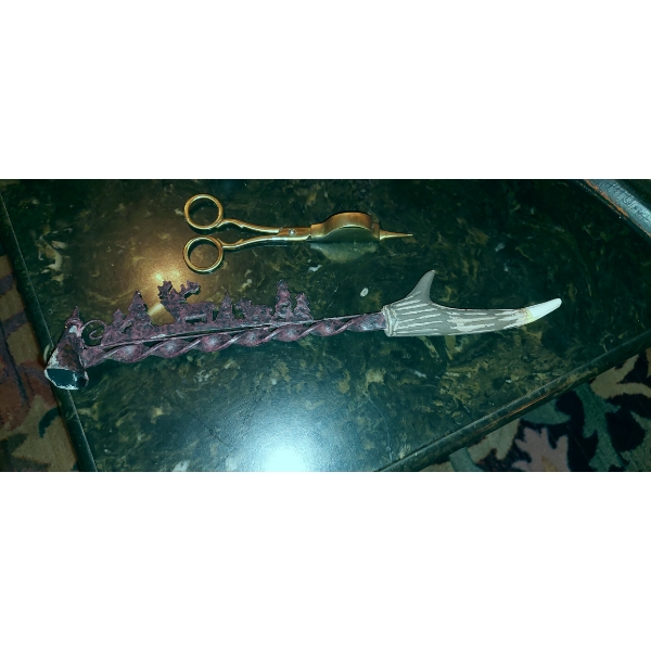 2 Pc Lot Includes Antique Stag Handle Candle Snuffer & Brass Candle Wick Trimming Scissors