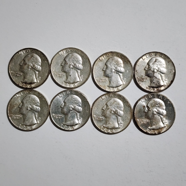 Eight Assorted 1964 United States Washington 90% Silver Quarters ~ $2.00 Face Value