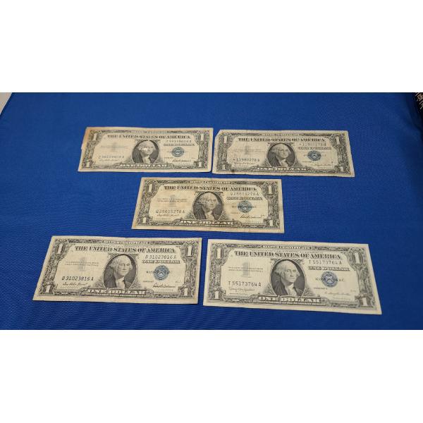 (5) $1 Blue Seal Silver Certificates- Series 1957, 1957 B