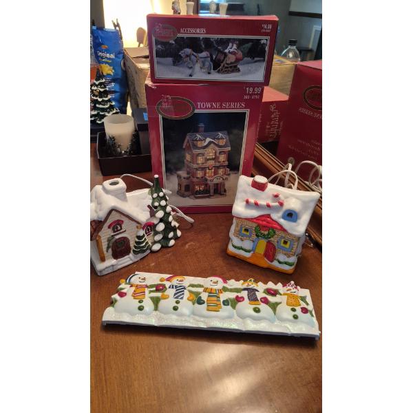 PICKUP IN CANTON -  GROUP OF 5 PORCELAIN CHRISTMAS COTTAGES & DECOR AS SHOWN