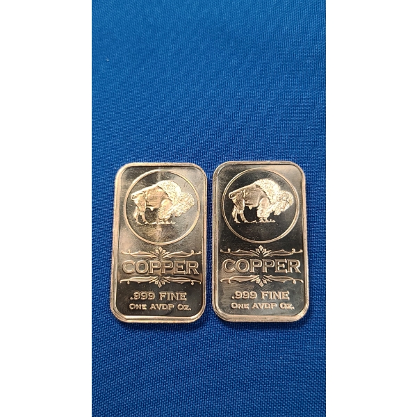 (2) 1 ADVP  oz .999 Fine Copper Bars With Buffalo Motif