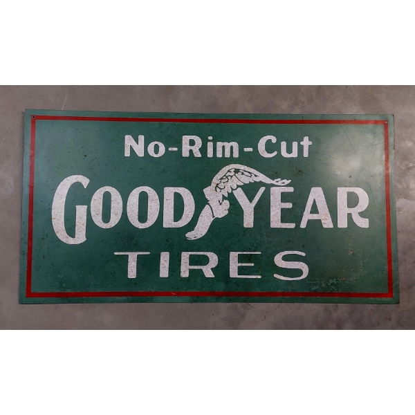 Vintage Large GOODYEAR TIRES "NO-RIM-CUT" Steel Painted Advertising Sign 42" X 21" - Hard To Find