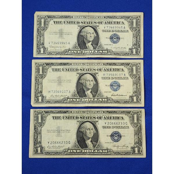 x3 United States 1957-B, 1957, 1935-E Blue Seal $1 Silver Certificates FV: $3.00