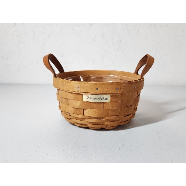 Longaberger "Autumn Tour" Round Button Basket with Leather Handles and Liner - Excellent Condition 