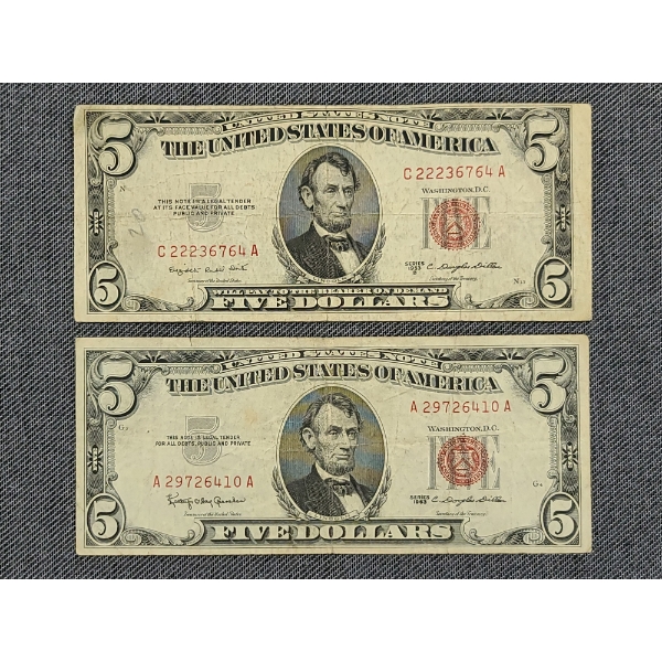 Lot of Two $5 Red Seal Federal Reserve Notes - 1953 & 1963