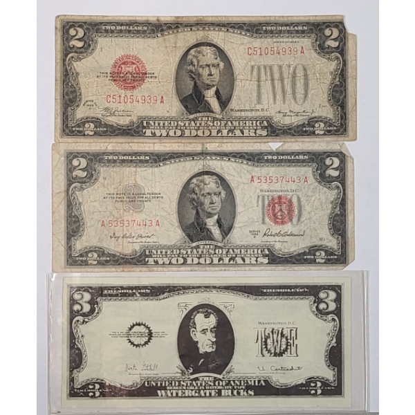 Series 1928 D, 1953 A $2 Red Seal Notes & Watergate Novelty Note - Face Value: $4.00