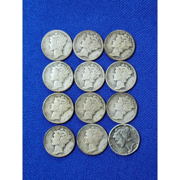 x12 Assorted Years 90% Silver Mercury Dimes FV: $1.20