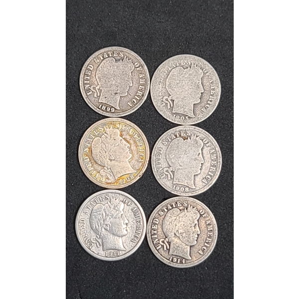 Assorted Years/Mint Marks Barber 90% Silver Dimes - Face Value: $0.60