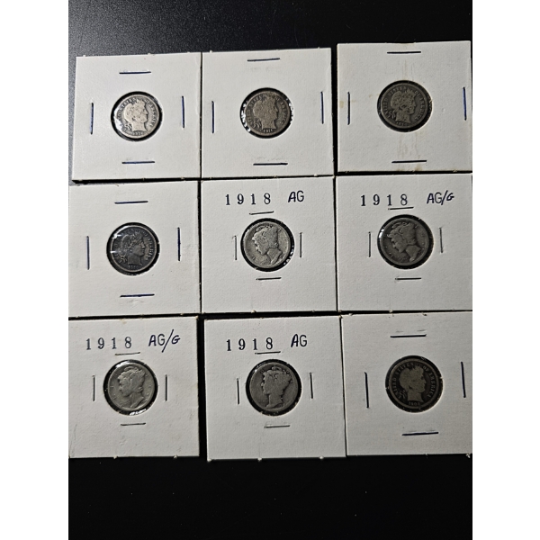 (5) Barber Dimes and (4) Mercury Dimes - 90% Silver